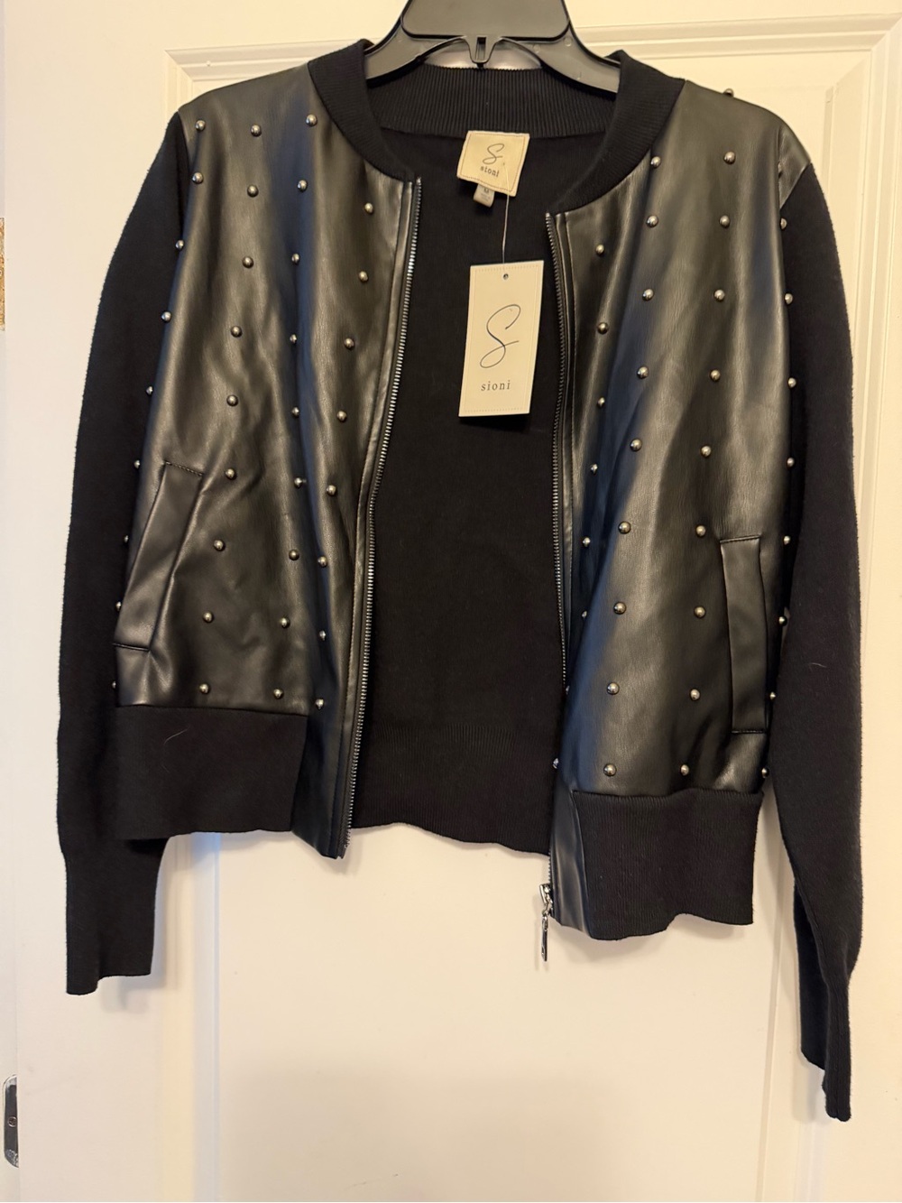 Sioni Black Studded Faux-Leather Bomber Jacket